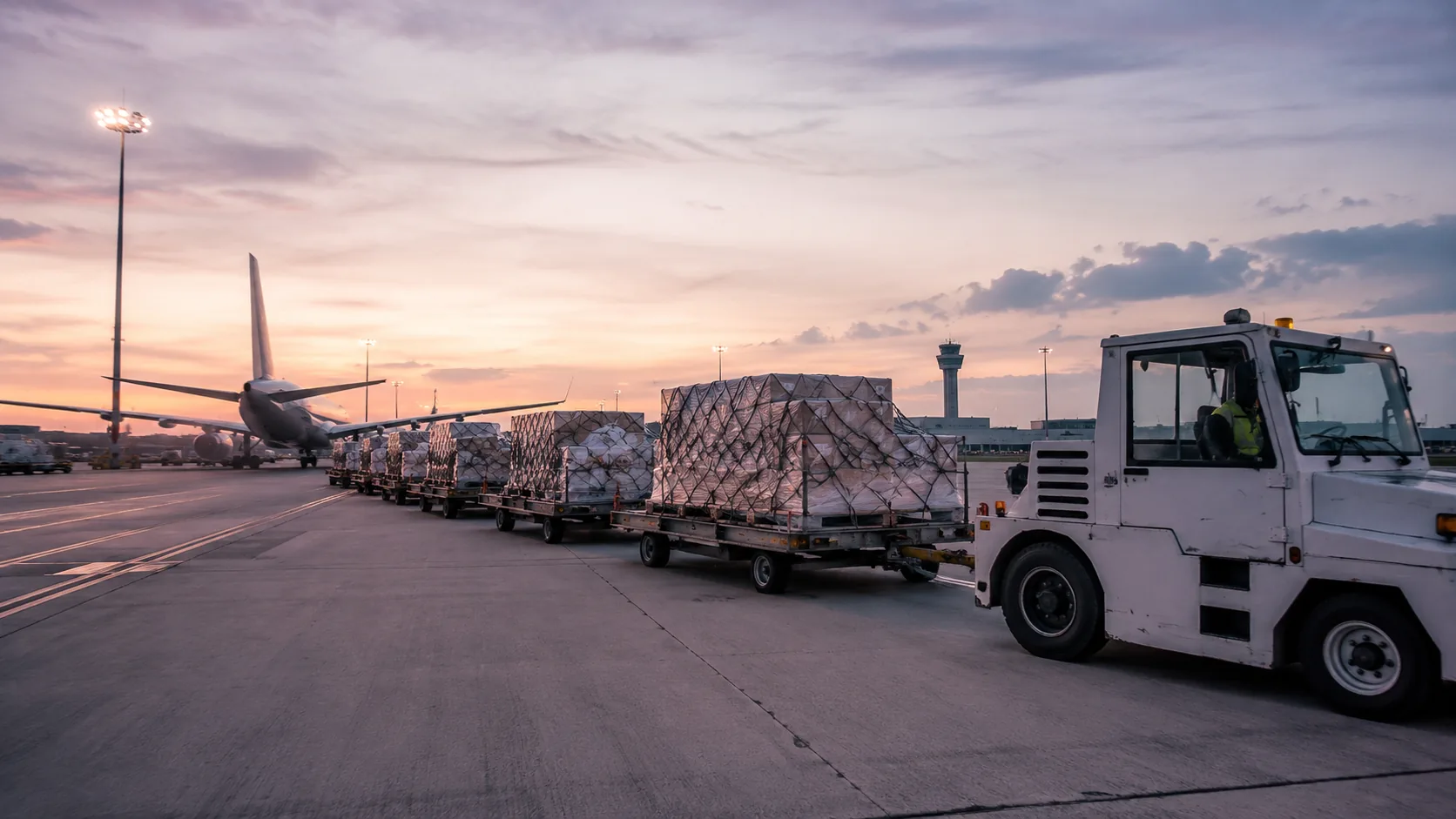 Ground crew moving a pallet toward a cargo aircraft on a night ramp