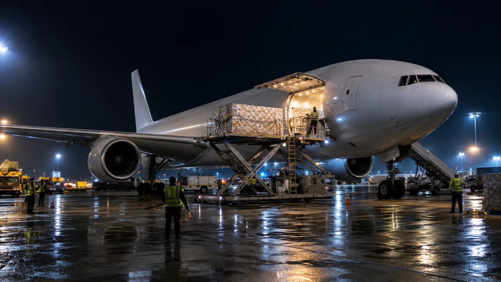 Freighter loading on the ramp at night