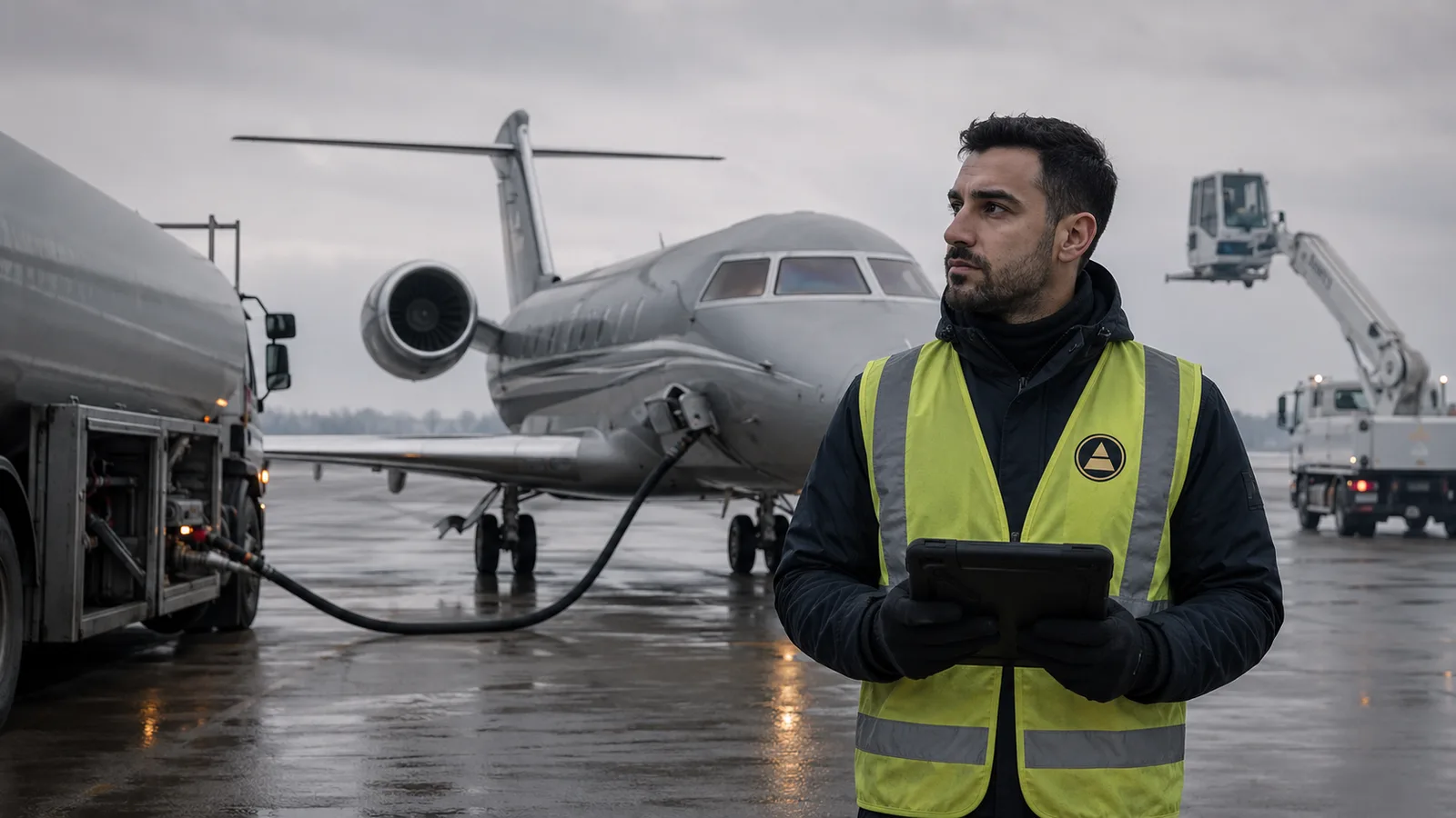 A business jet being refuelled on a wet apron at dusk, an Aeroinis ground coordinator in a high-visibility vest reading a tablet beside the bowser