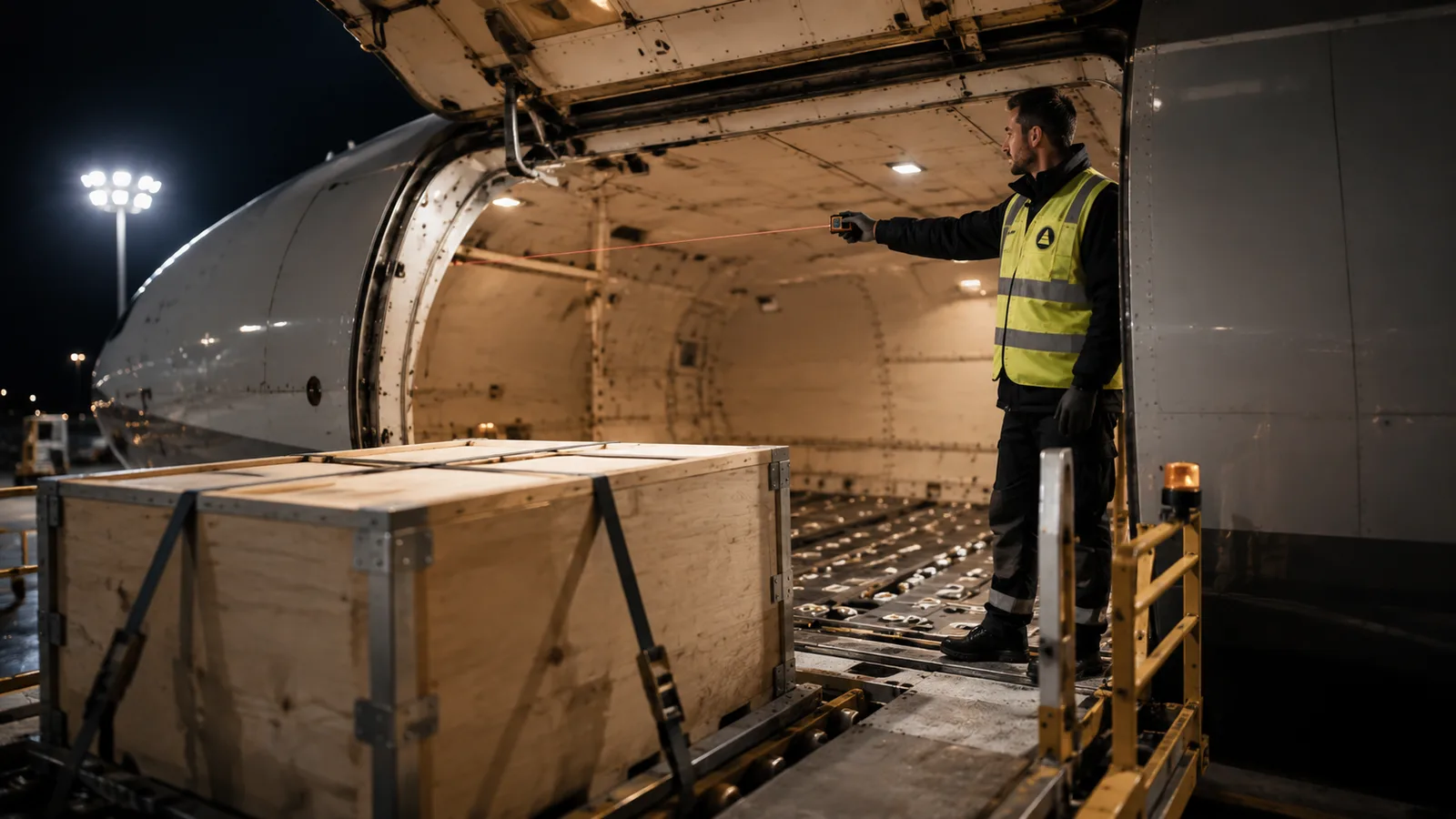 Aeroinis cargo supervisor, aircraft cargo door, pallet loader and engineering measurement overlay