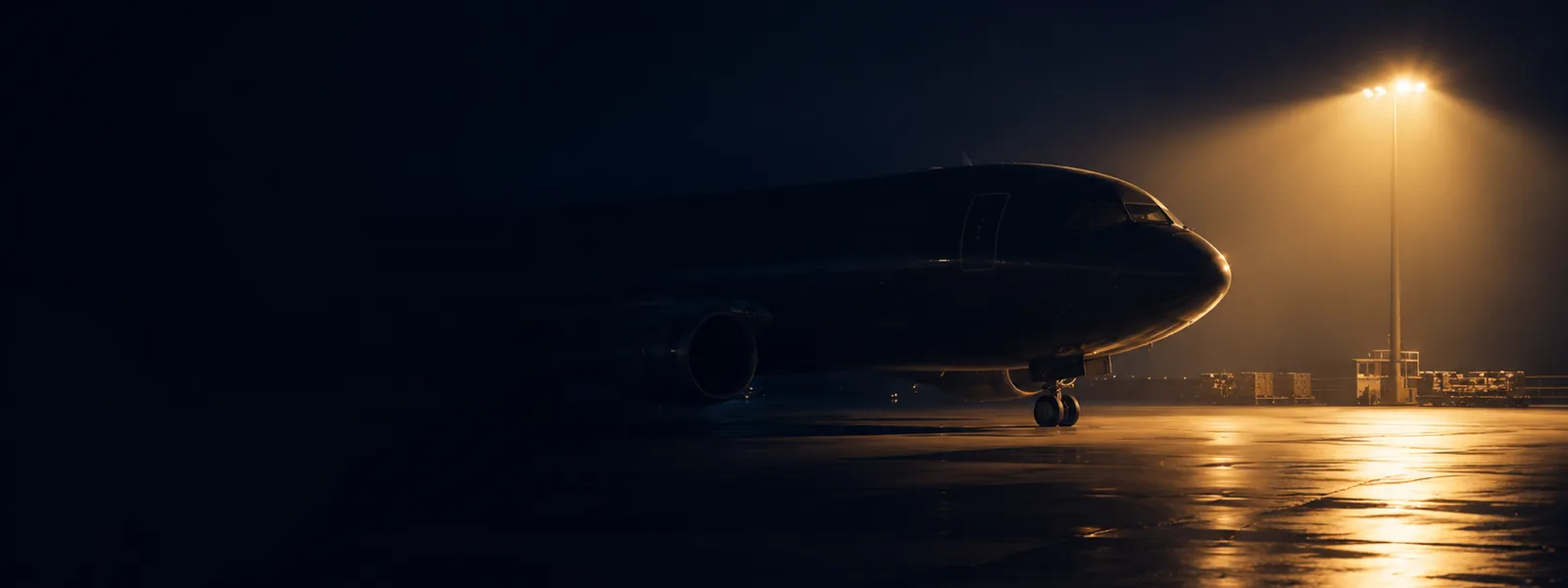 A freighter aircraft on a wet apron at night under sodium floodlights.