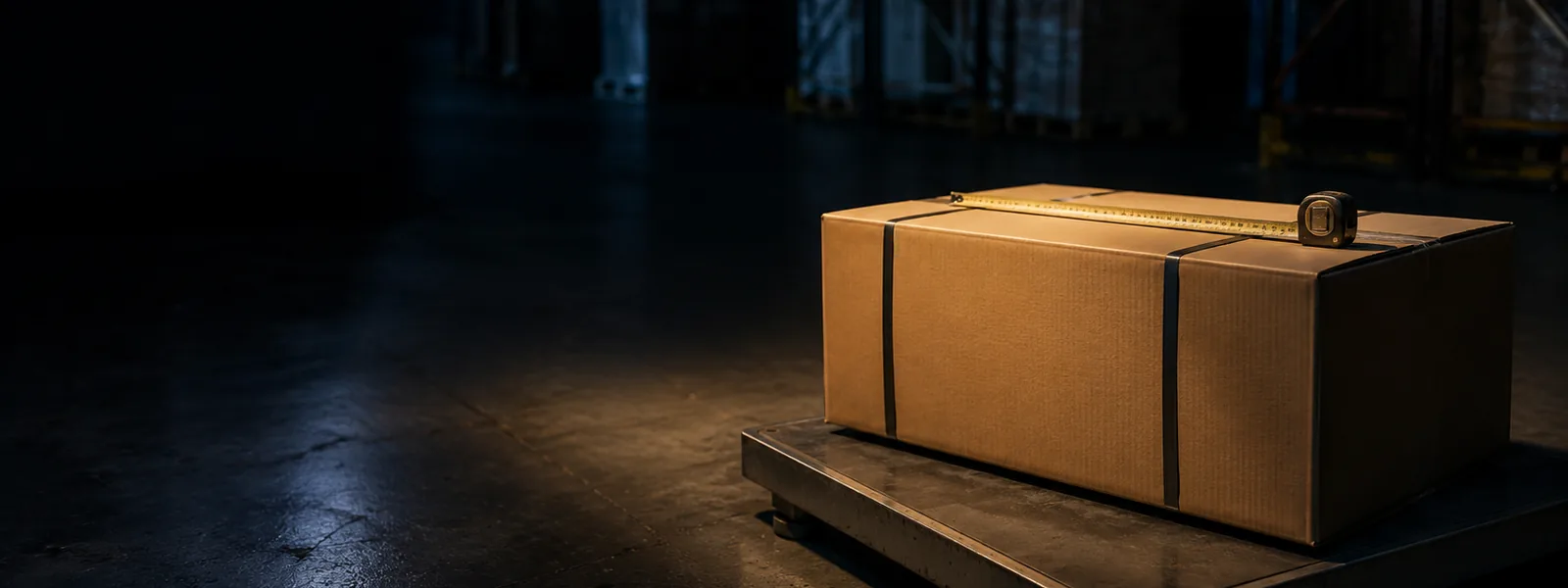 A strapped export carton on a warehouse floor scale with a tape measure across it.