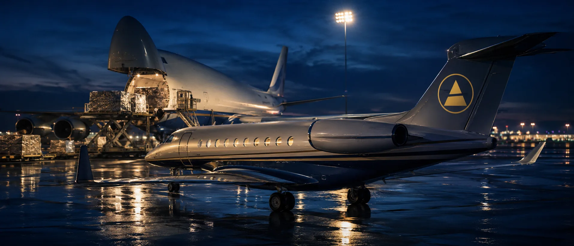 Aeroinis private jet and nose-loading cargo freighter on the same apron at blue hour