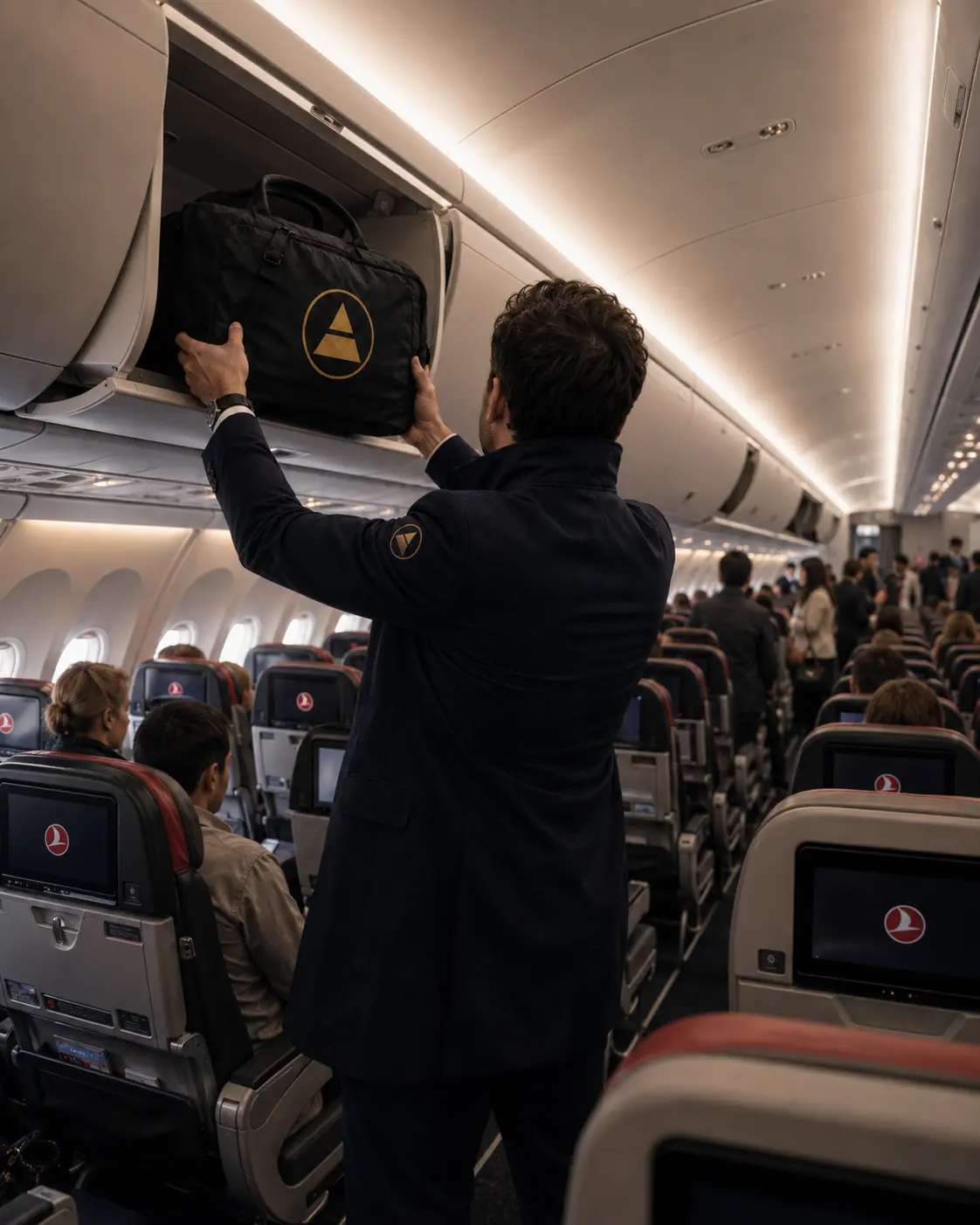 A courier stowing a marked Aeroinis bag in the overhead locker