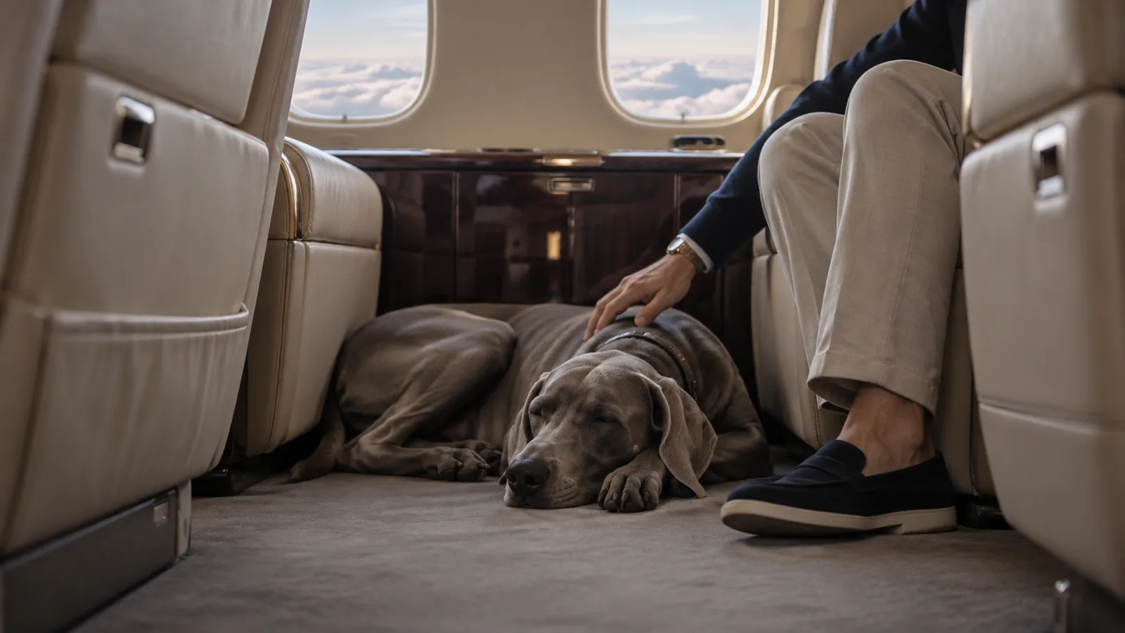 A dog asleep on the cabin floor between two seats in flight, a passenger's hand resting on its back