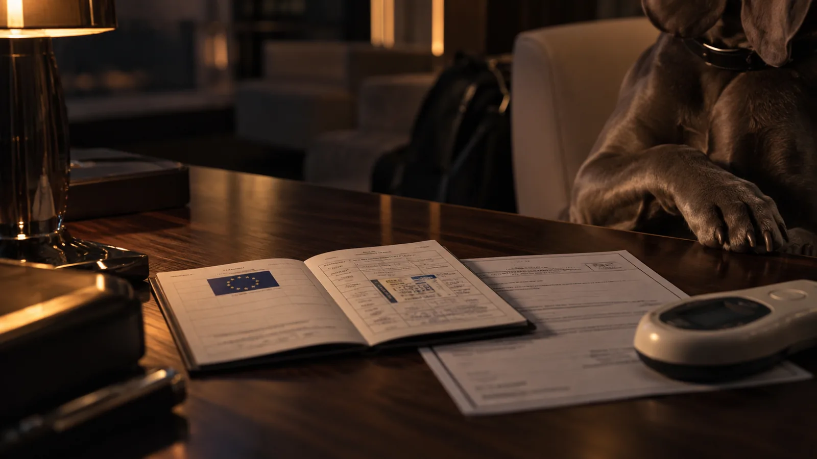 An EU pet passport open beside a laboratory certificate and a microchip scanner, with a dog waiting at the edge of the table