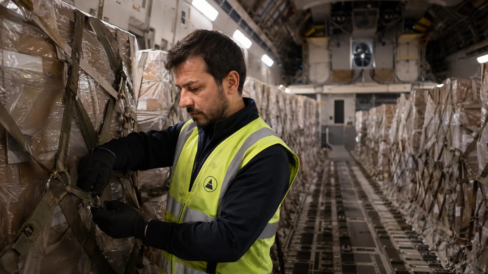 Aeroinis cargo supervisor guiding an aircraft pallet