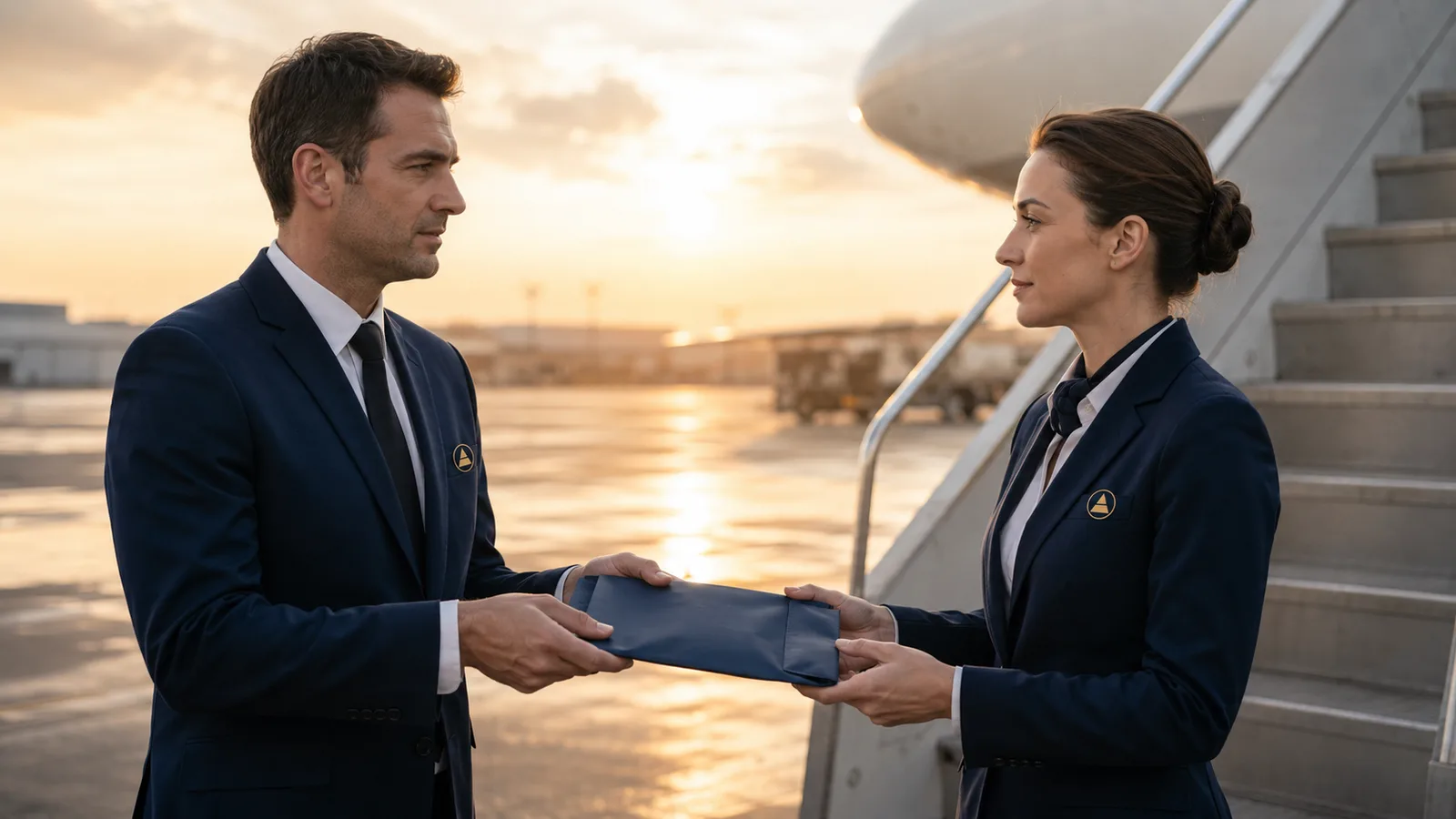 Dawn handover on the apron — one desk owns both ends.